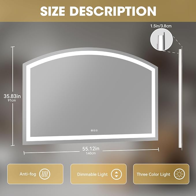 Hasipu 55" x 36" LED Bathroom Mirror Arch Vanity Mirror - Image 2