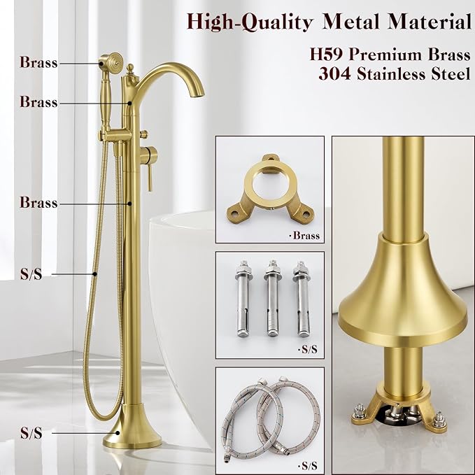 Free Standing Tub Faucet, High Flow Rate Brushed Light Gold Classic - Image 3