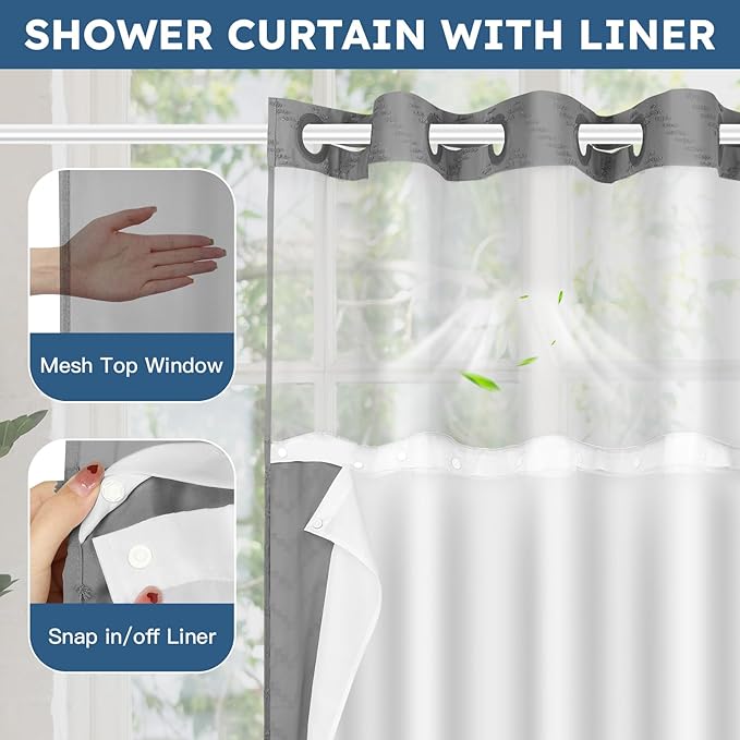 No Hook Shower Curtain and Snap in Liner Set Grey Tufted Chevron Striped Cloth - Image 3