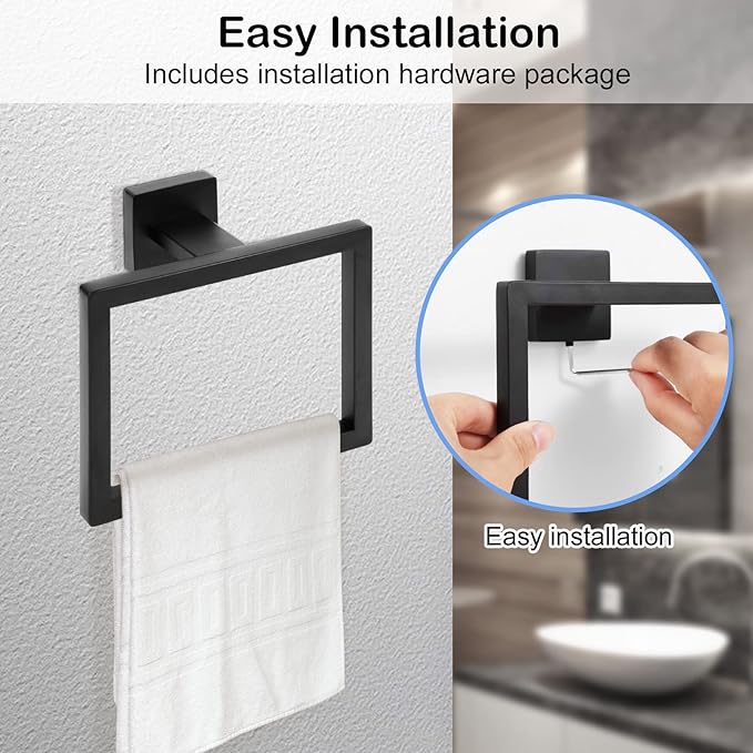 2-Piece Matte Black Square Towel Ring, Modern Hand Towel Holder - Image 3