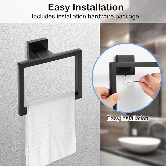 Matte Black Towel Ring, Square Hand Towel Holder, Towel Hanger, Bathroom - Image 4