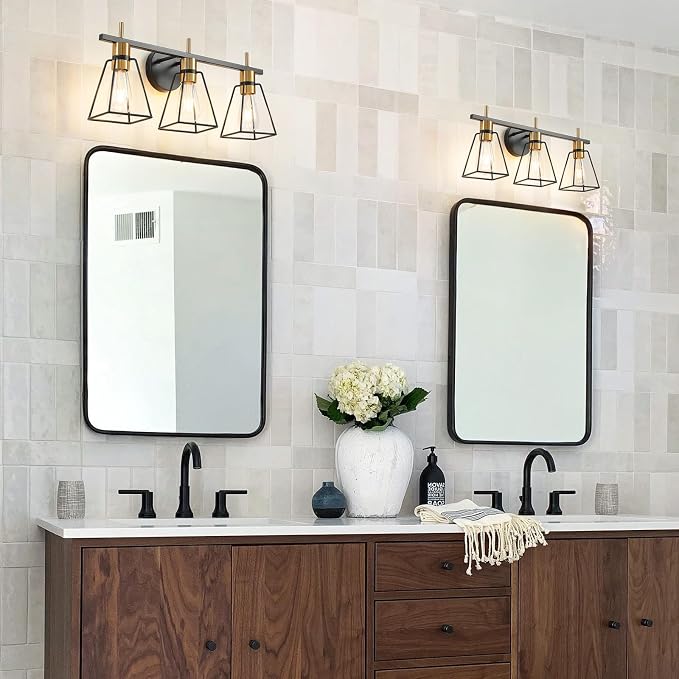 Industrial Bathroom Vanity Lights: 3-Light Black and Gold Vintage Metal Cage - Image 3