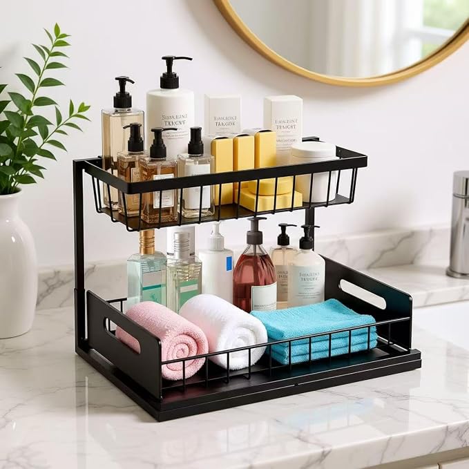 Under Sink Organizer Pull Out Kitchen Sink Organizer, 2 Tier L-Shape Bathroom - Image 7