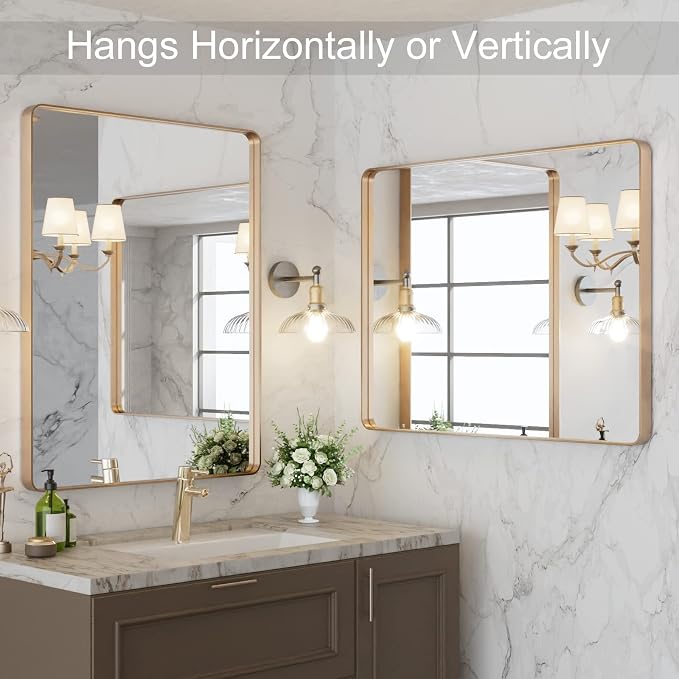 LOAAO 28”X36” Gold Bathroom Mirror, Rounded Rectangle Gold Frame Mirror - Image 4