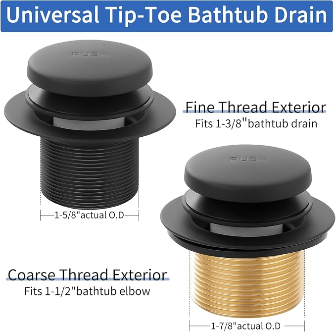 Matte Black Bathtub Drain Tip-Toe Tub Trim Set - Image 2