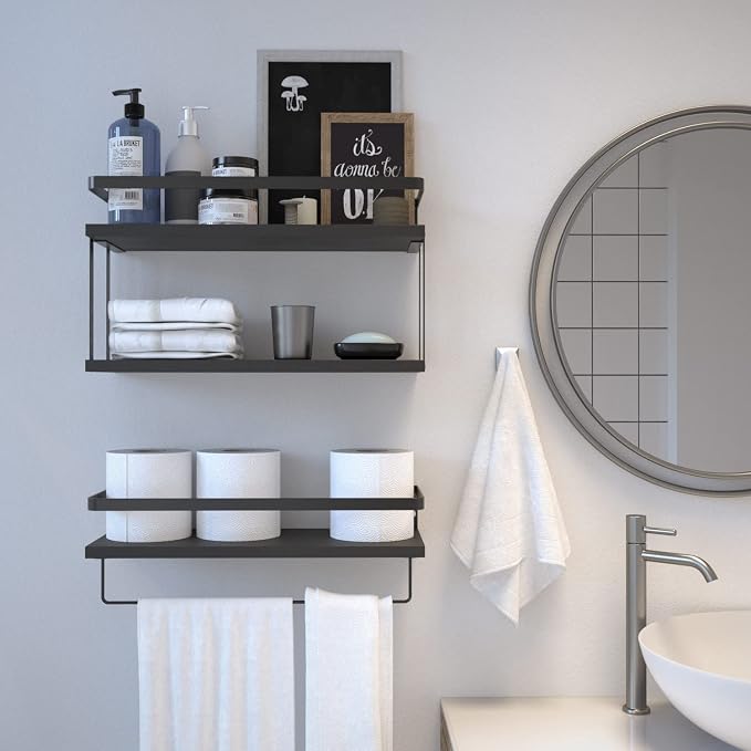 RICHER HOUSE 2+1 Tier Wall Mounted Floating Shelves Set of 2, Rustic Wood Wall - Image 5