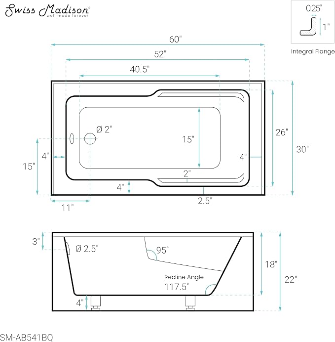 Voltaire 60" X 30" Left-Hand Drain Alcove Bathtub - Image 9