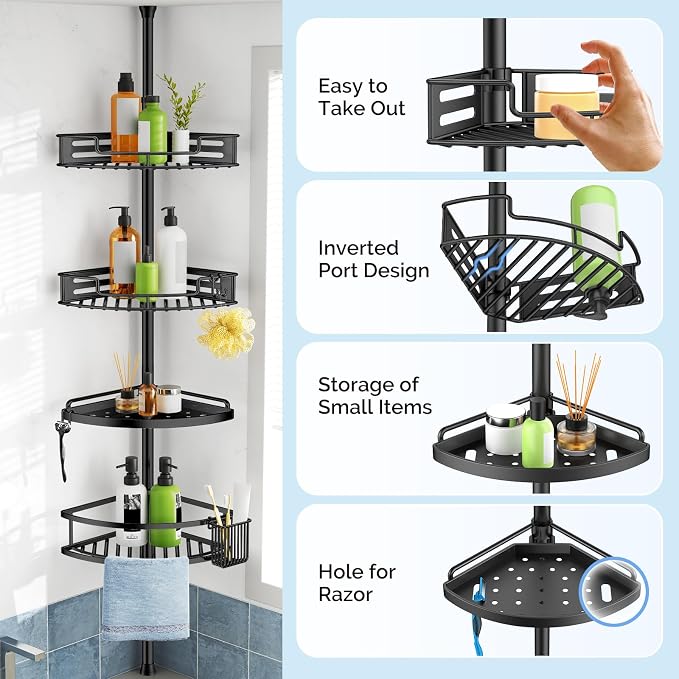 HAMITOR Corner Shower Caddy Tension Pole: Quick Installation 4-Tier Rustproof - Image 5