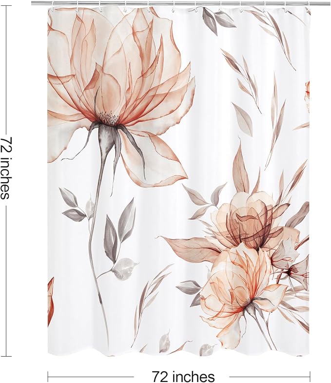 Orange and Grey Boho Watercolor Floral Shower Curtain, Ink Painting Style - Image 6