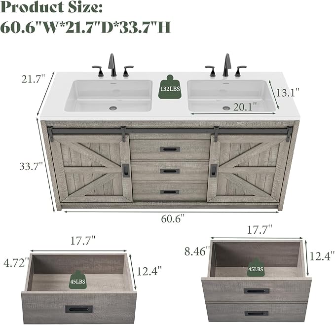 60" Farmhouse Bathroom Double Vanity Sliding Barn Door - Image 2