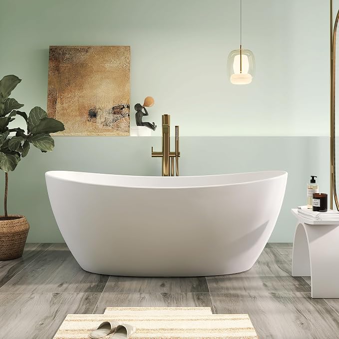 65" Premium Solid Surface Freestanding Bathtub, Contemporary Design Stand Alone by HIGEINE