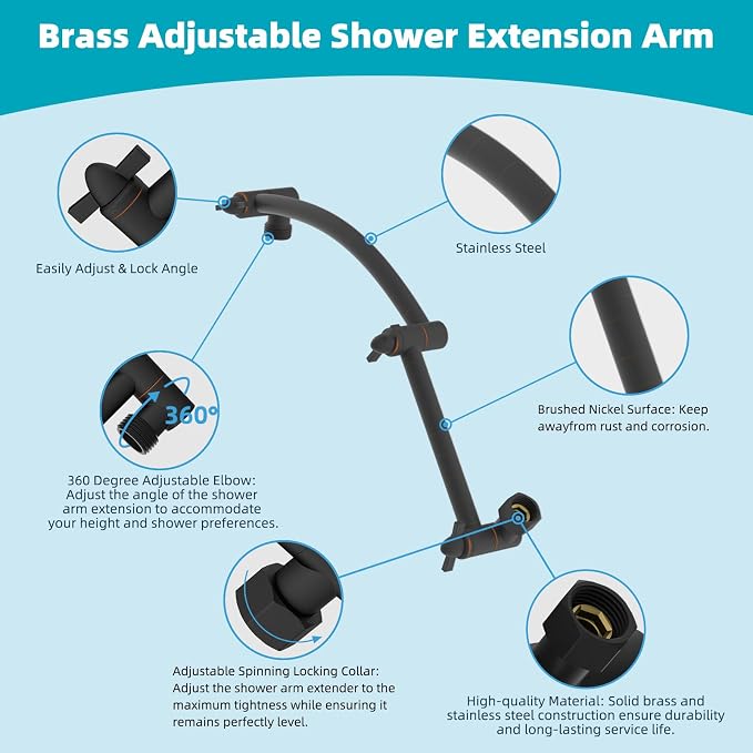 Hibbent Rain Filtered Shower Head, Brass Adjustable Shower Arm Extender - Image 7