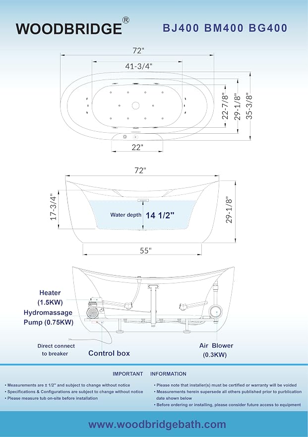 WOODBRIDGE 72" x 35-3/8" Whirlpool and Air Bath Heated Soaking Combination Tub - Image 6