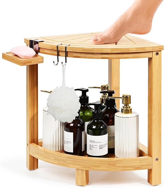 Ollieroo 2-Tier Bamboo Corner Shower Stool by Ollieroo