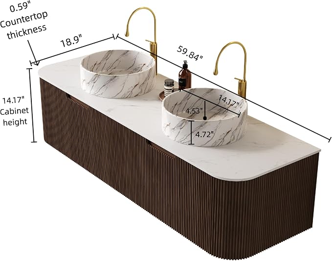 60" Floating Bathroom Vanity Without Sink, Marble Top, Solid Wood Surface and - Image 2