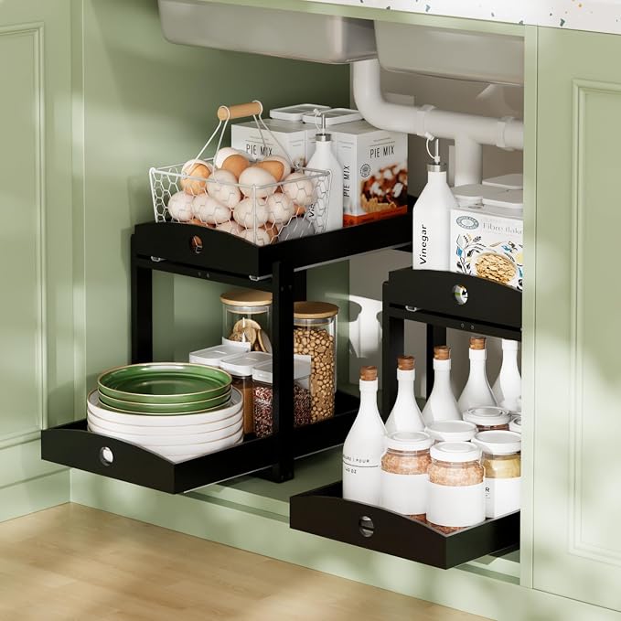 Bamboo Wood Under Sink Organizer 1 Pack, Pull Out Cabinet Organizer 2 Tier - Image 2