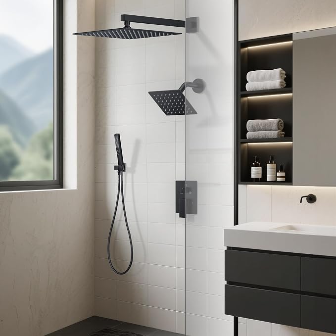 Rain Shower System Matte Black Shower Faucet Set, Dual Rainfall Shower Head Set - Image 2