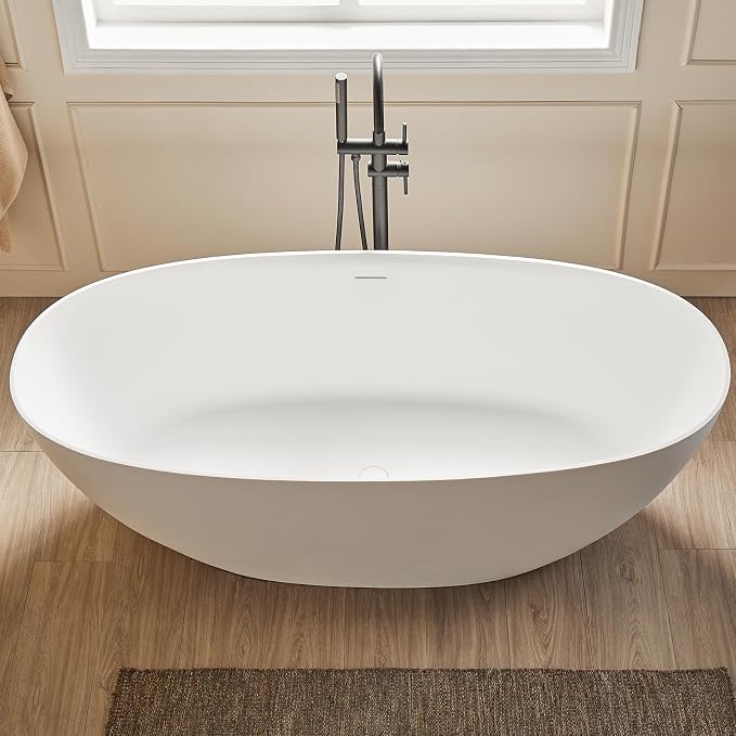Cpingao 63" Solid Surface Freestanding Bathtub, Modern Oval Shape Soaking Tub - Image 9