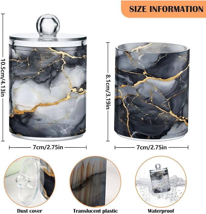 MNSRUU 2 Pack Qtip Holder Organizer Dispenser Abstract Black White Gold Marble - Image 2