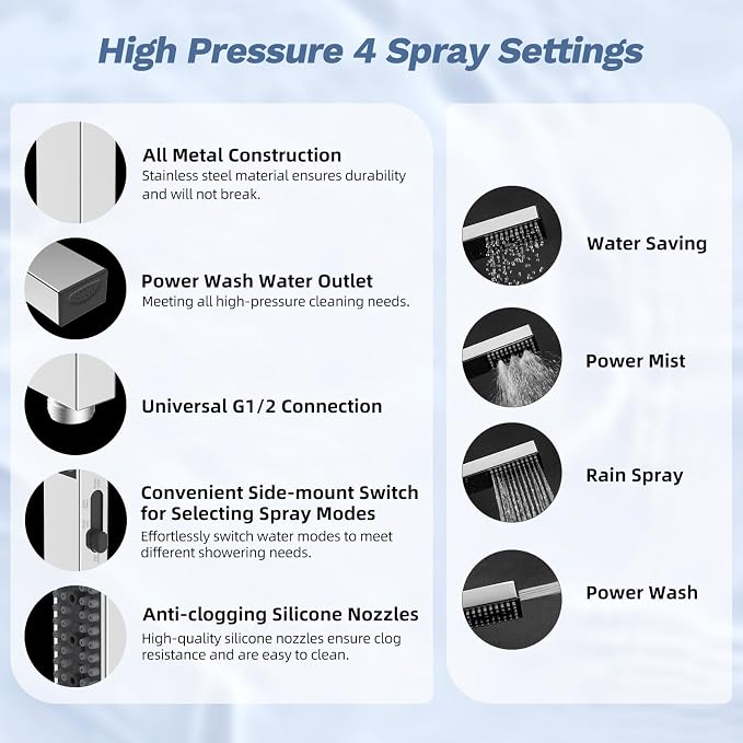 Hibbent 5-spray Filtered Rainfall Shower Head Combo, High Pressure 13'' - Image 6