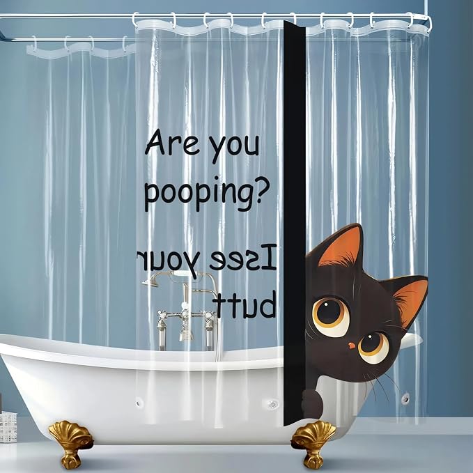 Clear Cute Funny Black Cat Shower Curtain Liner, Are You Pooping Shower Curtain - Image 5