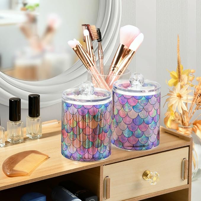 MNSRUU 4 Pack Qtip Holder Organizer Dispenser Colorful Mermaid Scales Bathroom - Image 6