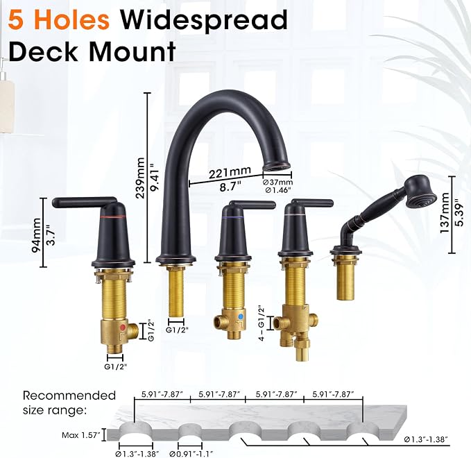 Roman Bath Tub Faucet Set with Sprayer, 5 Hole Widespread Deck Mount Bathtub - Image 6