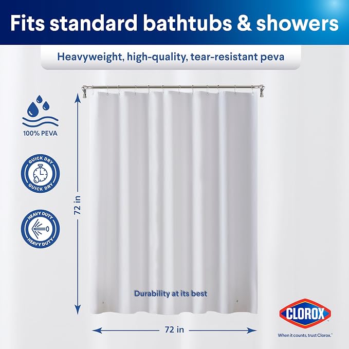 Clorox Shower Curtain Liner, Premium Heavyweight Durable Waterproof 8g PEVA - Image 2