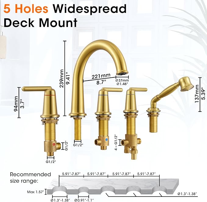 Roman Bath Tub Faucet Set with Sprayer, 5 Hole Widespread Deck Mount Bathtub - Image 6