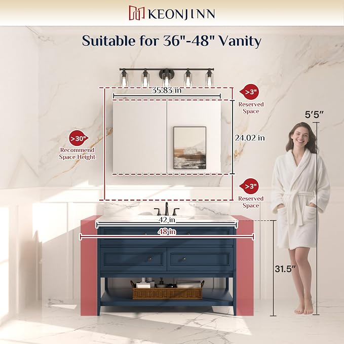 Keonjinn 36 x 24 Inch Black Medicine Cabinet, Bathroom Medicine Cabinet - Image 6