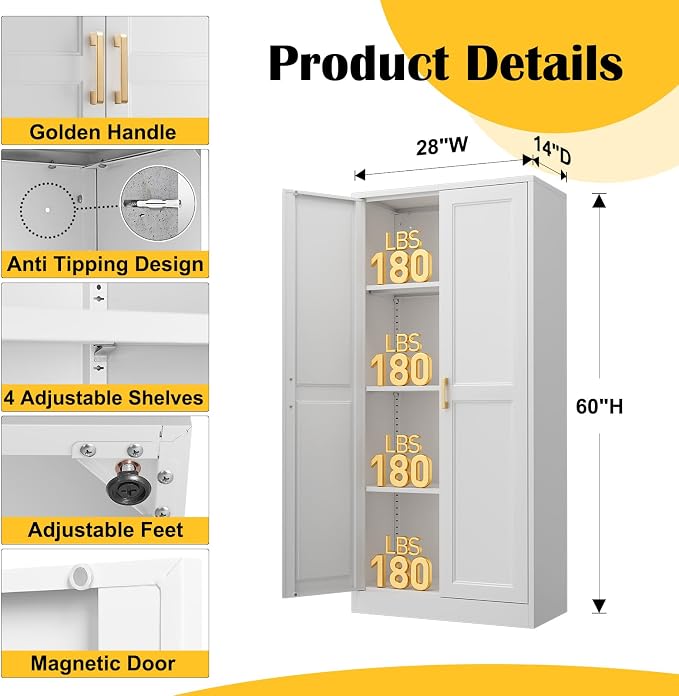 Kitchen Pantry Cabinet, 60”White Metal Pantry Storage Cabinet - Image 3