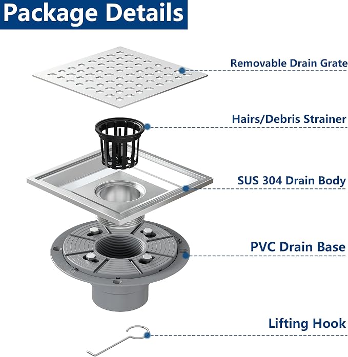 Neodrain Square Shower Drain, 6 inch Stainless Steel 304 Grate and PVC Drain - Image 3