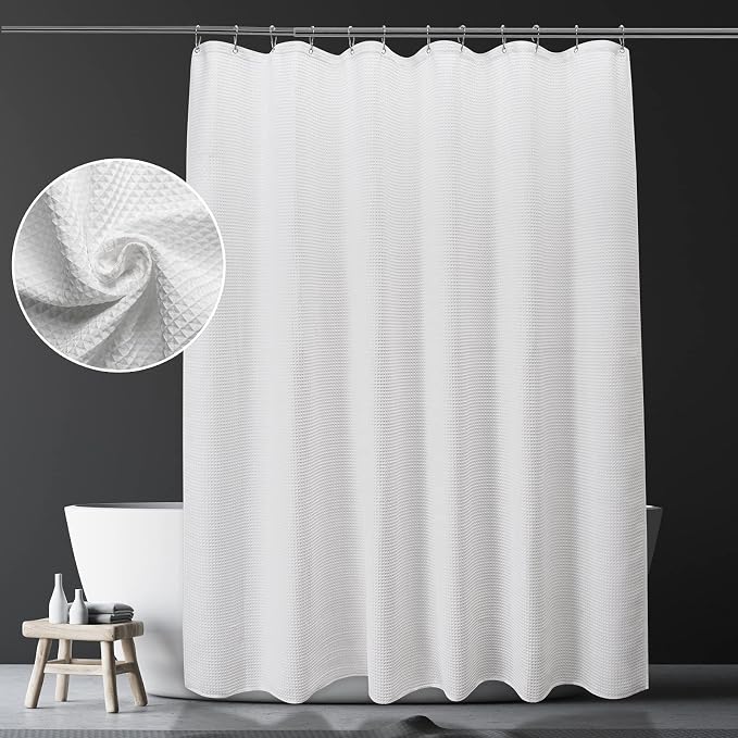 AmazerBath White Shower Curtain Fabric, Waffle Shower Curtain Polyester - Image 2