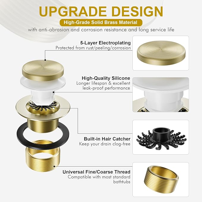 Brushed Brass Bathtub Drain Stopper and Overflow Kit, Solid Brass Tip-Toe Bath - Image 2