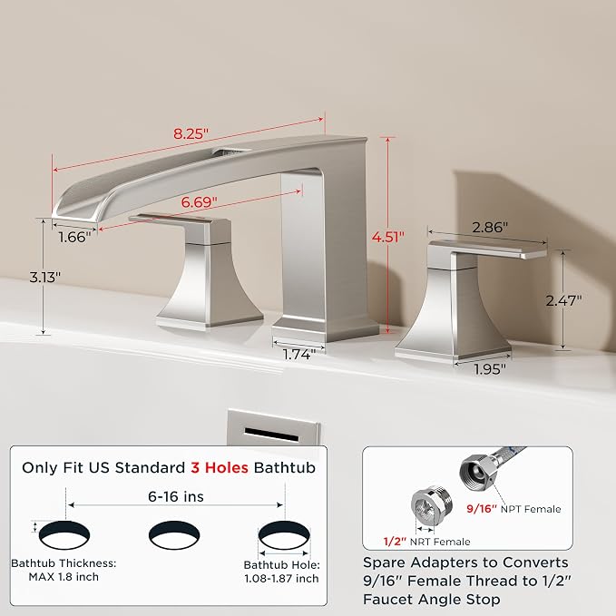 FORIOUS Waterfall Bathtub Faucet Set 3 Hole Brushd Nickel, 2 Handle Deck Mount - Image 2