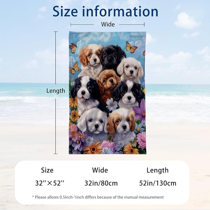 WZOMT Microfiber Dog Beach Towel, Cute Dog Bath Towels, Funny Puppy and Flowers - Image 3