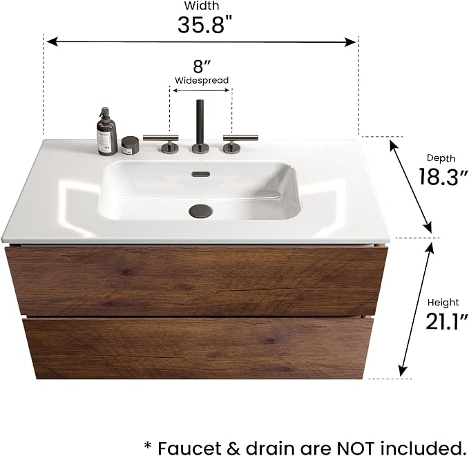 36" Bathroom Vanity with Sink, Modern Floating Vanity with Double Soft Closing - Image 2