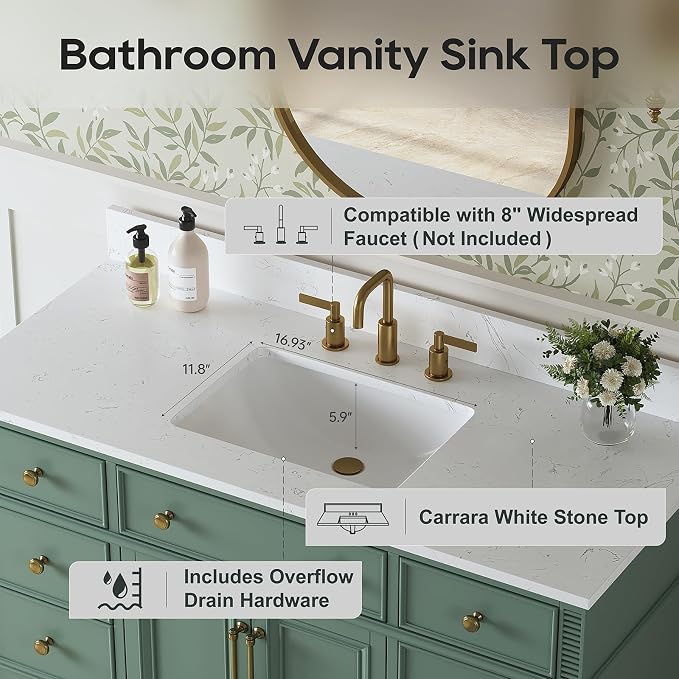 48" Bathroom Vanity with Sink, Sea Green Painted Vanity with Countertop & - Image 4