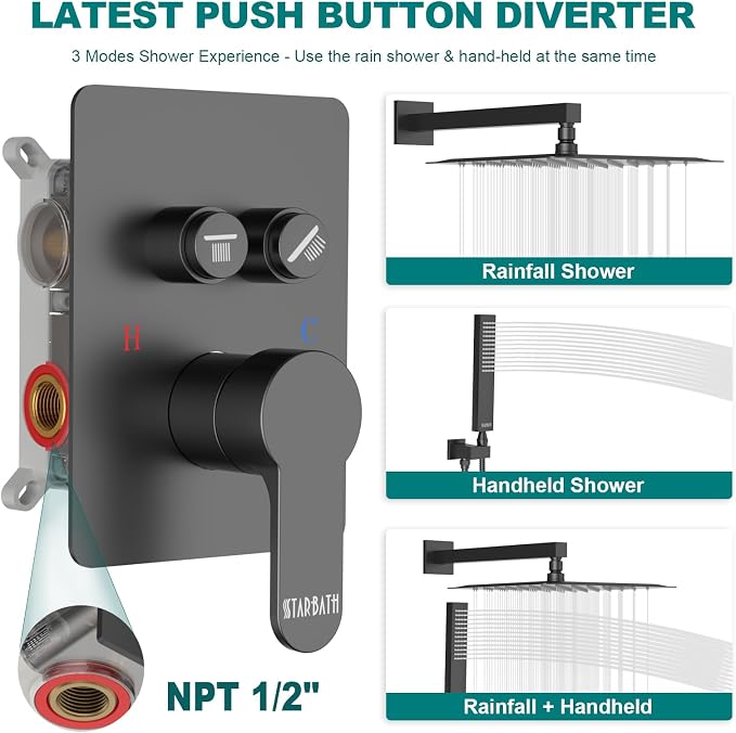 Rainfall Shower System with Handheld Spray and 12" Rain Shower Head, Can Be Use - Image 2