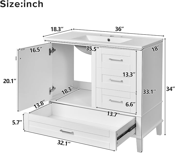 36" Bathroom Vanity with Solid Pine Frame, 1 Soft Close Door and 3 Drawers - Image 2