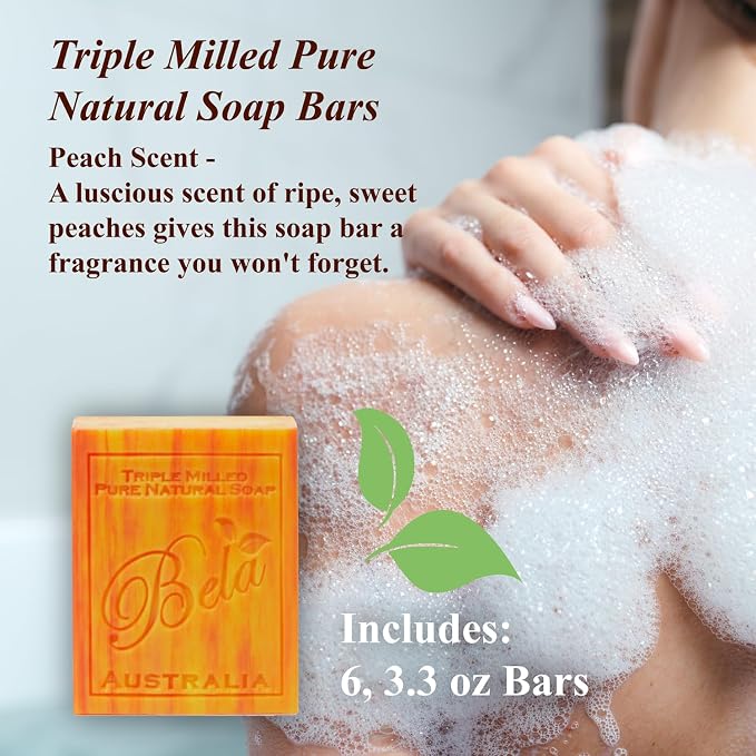 BELA French Peach Soap, 3.3 OZ Pack of 6, Long Lasting French Triple Milled Bar - Image 2