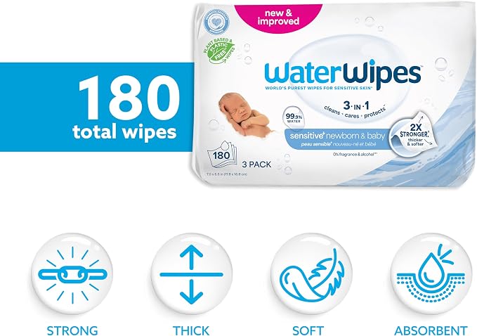 WaterWipes Sensitive+ Newborn & Baby Wipes, 3-In-1 Cleans, 99.9% Water - Image 2