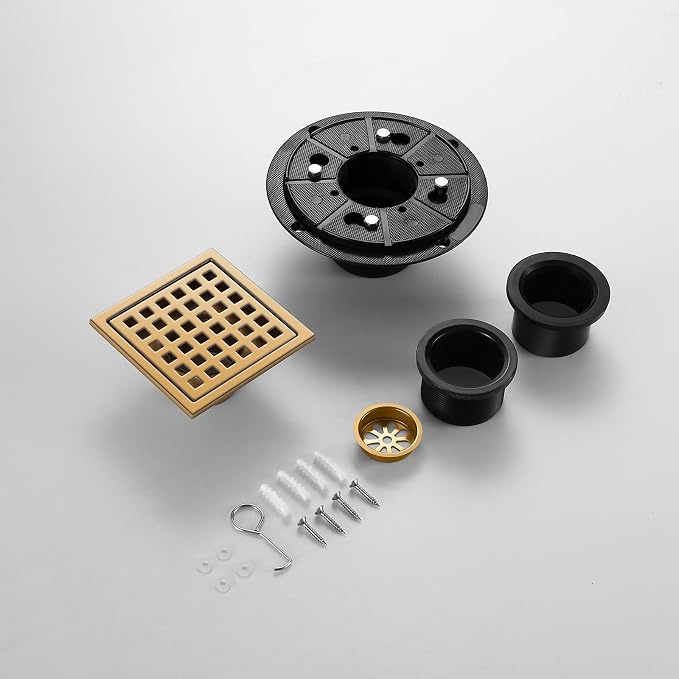 Shower Drain, Brushed Gold 4 inch Shower Floor Square Drain - Image 4