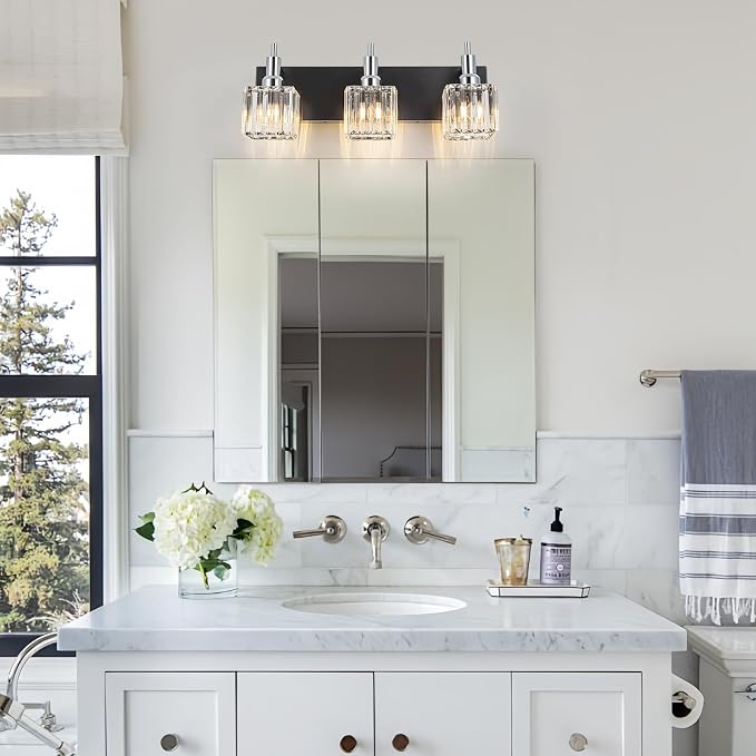 Black Chrome Bathroom Vanity Lights, Modern 3 Lights Crystal Bathroom Lighting - Image 7