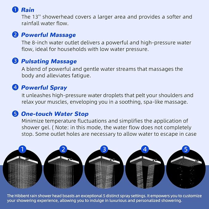 Hibbent 5-spray Filtered Rainfall Shower Head Combo, High Pressure 13'' - Image 2