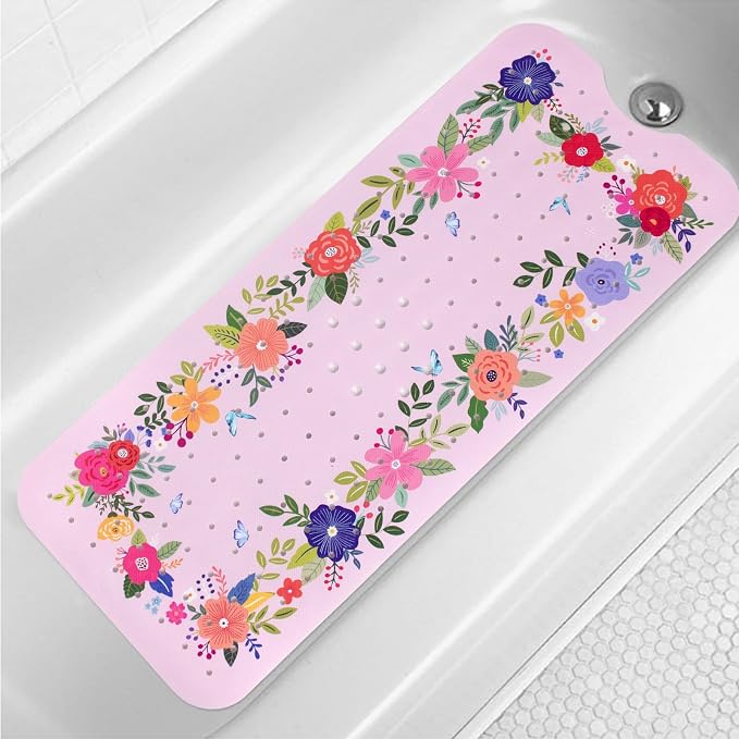 Pink Floral Bathtub Mat Non Slip by Denifeiya
