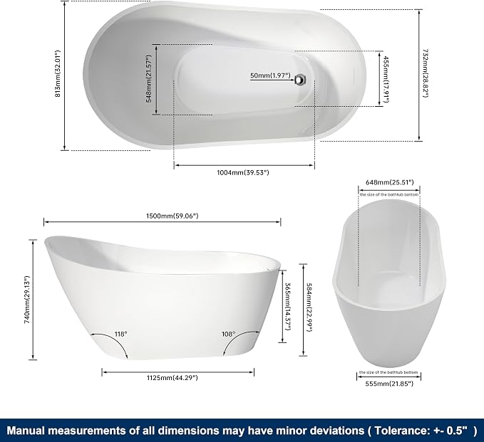 59" High-back Acrylic Freestanding Bathtubs, Stand Alone Tub, Soaking Tubs - Image 5