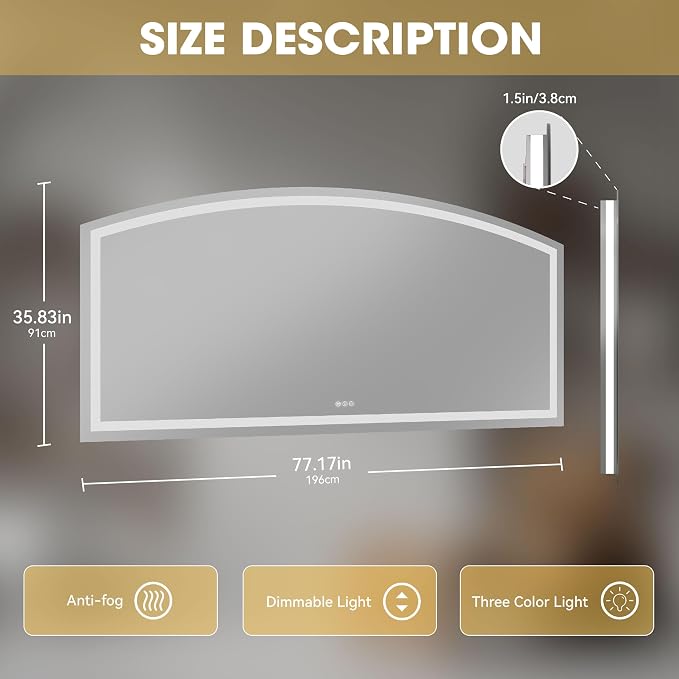 Hasipu 77" x 36" Arch LED Bathroom Mirror, Frontlit Wall-Mounted Vanity Mirror - Image 2