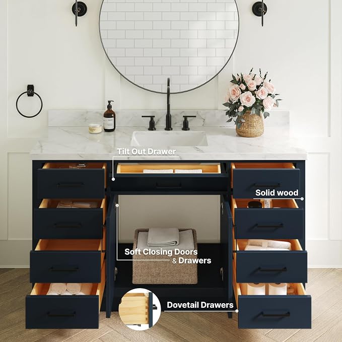 ARIEL Bathroom Vanity 61" Midnight Blue, 1.5" Edge Italian Carrara Marble - Image 4