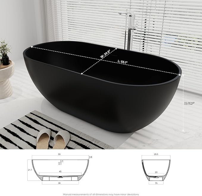 SJ STAR&JANE 59" Solid Surface Freestanding Bathtub Oval Stone Resin Soaking - Image 6
